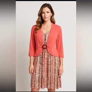 Perceptions Women’s Size L 2-Piece Dress Jacket Set Coral Print Career Church